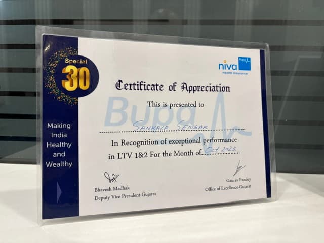 Niva Health Insurance Certificate of Appreciation to Sankalp Sengar