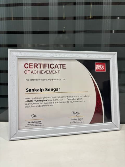 HDFC Ergo Certificate of Achievement — top advisor, Delhi NCR